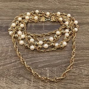 Vintage Gold Tone Rope Chains & Faux Pearl Beaded 3 Row Necklace 32" Long